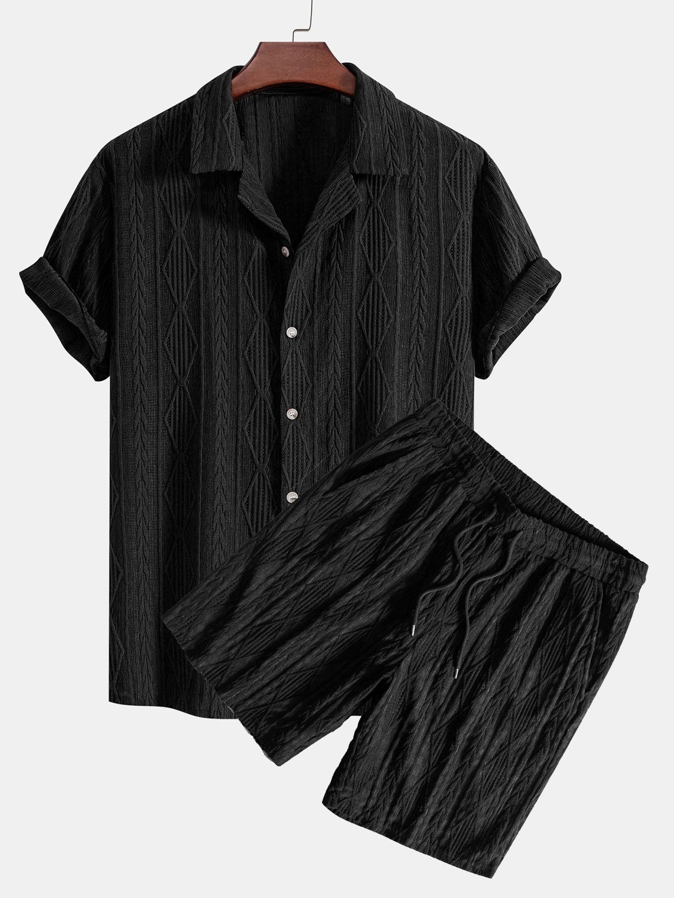 Geometric Jacquard Eyelet Cuban Shirt & Textured Shorts With Lining