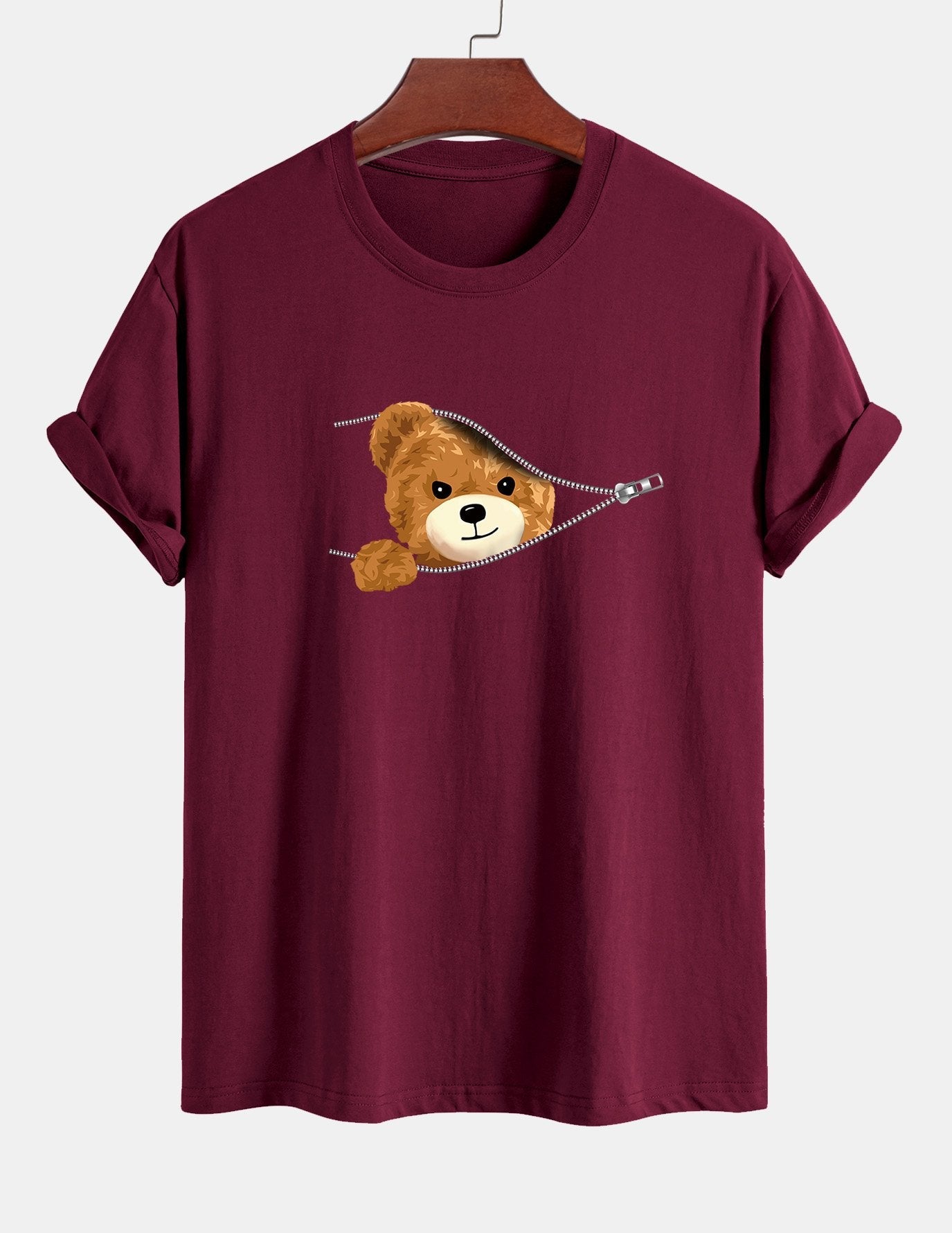 Regular Fit Zipper Bear Print Cotton T-Shirt