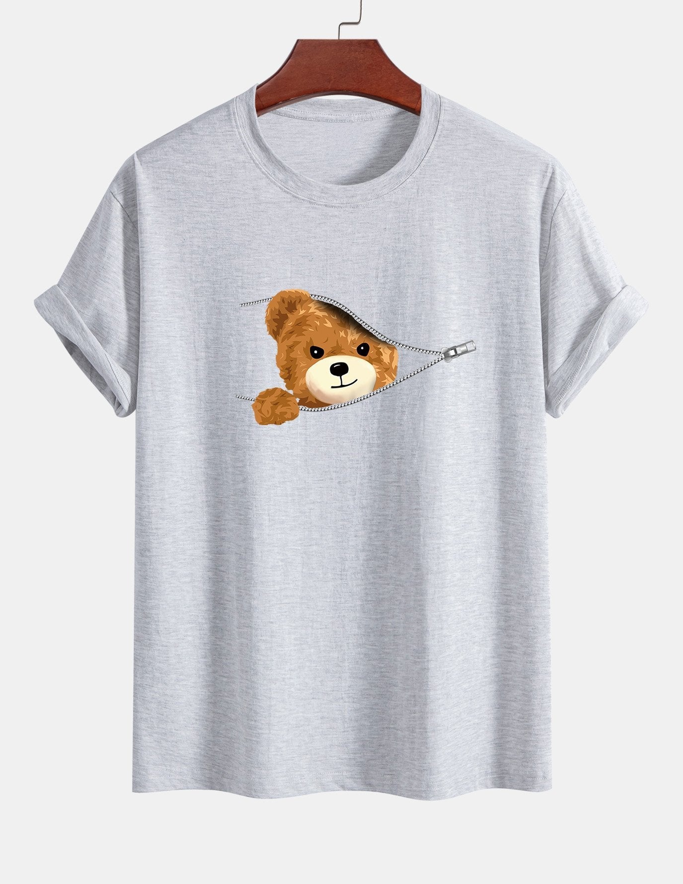 Regular Fit Zipper Bear Print Cotton T-Shirt