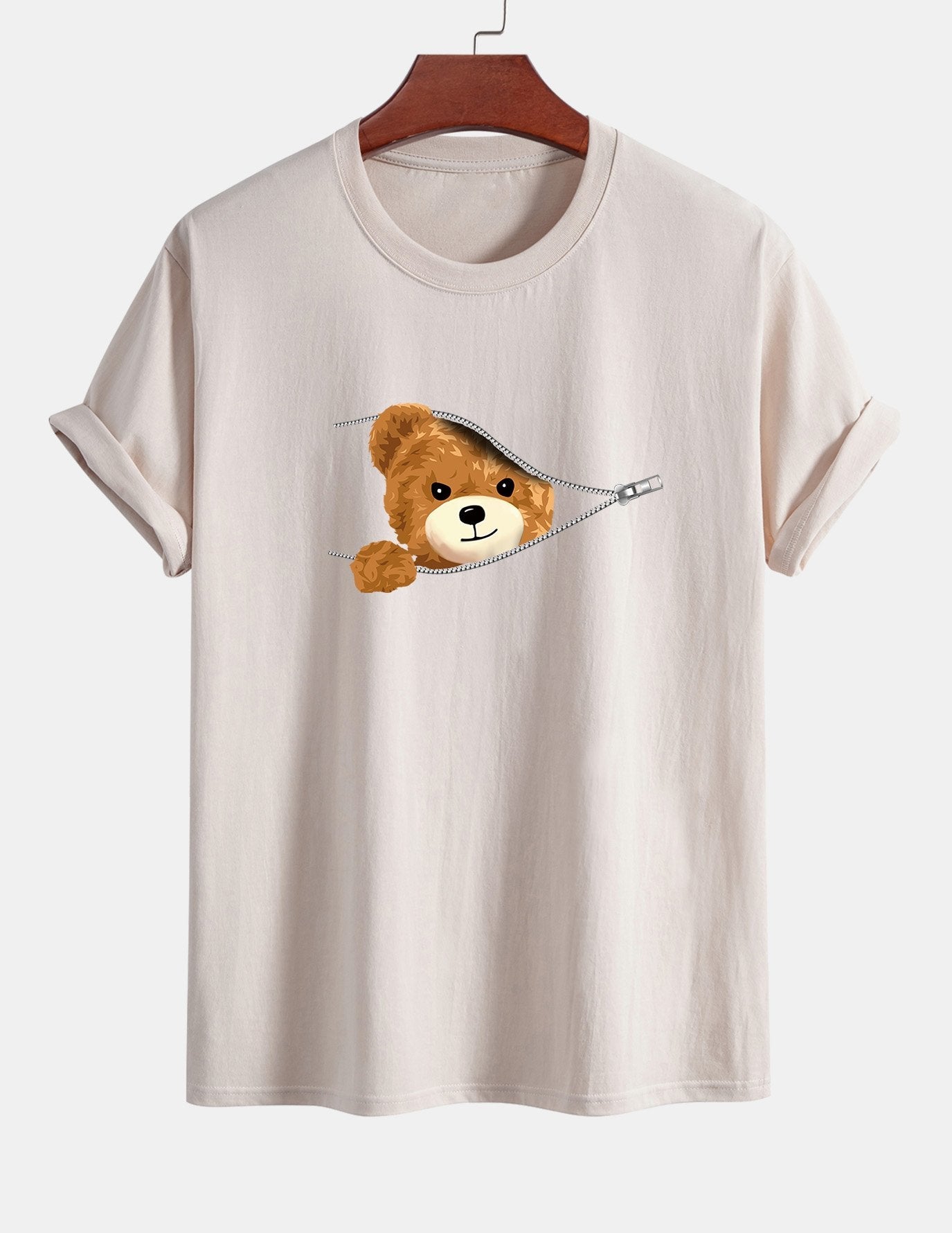 Regular Fit Zipper Bear Print Cotton T-Shirt
