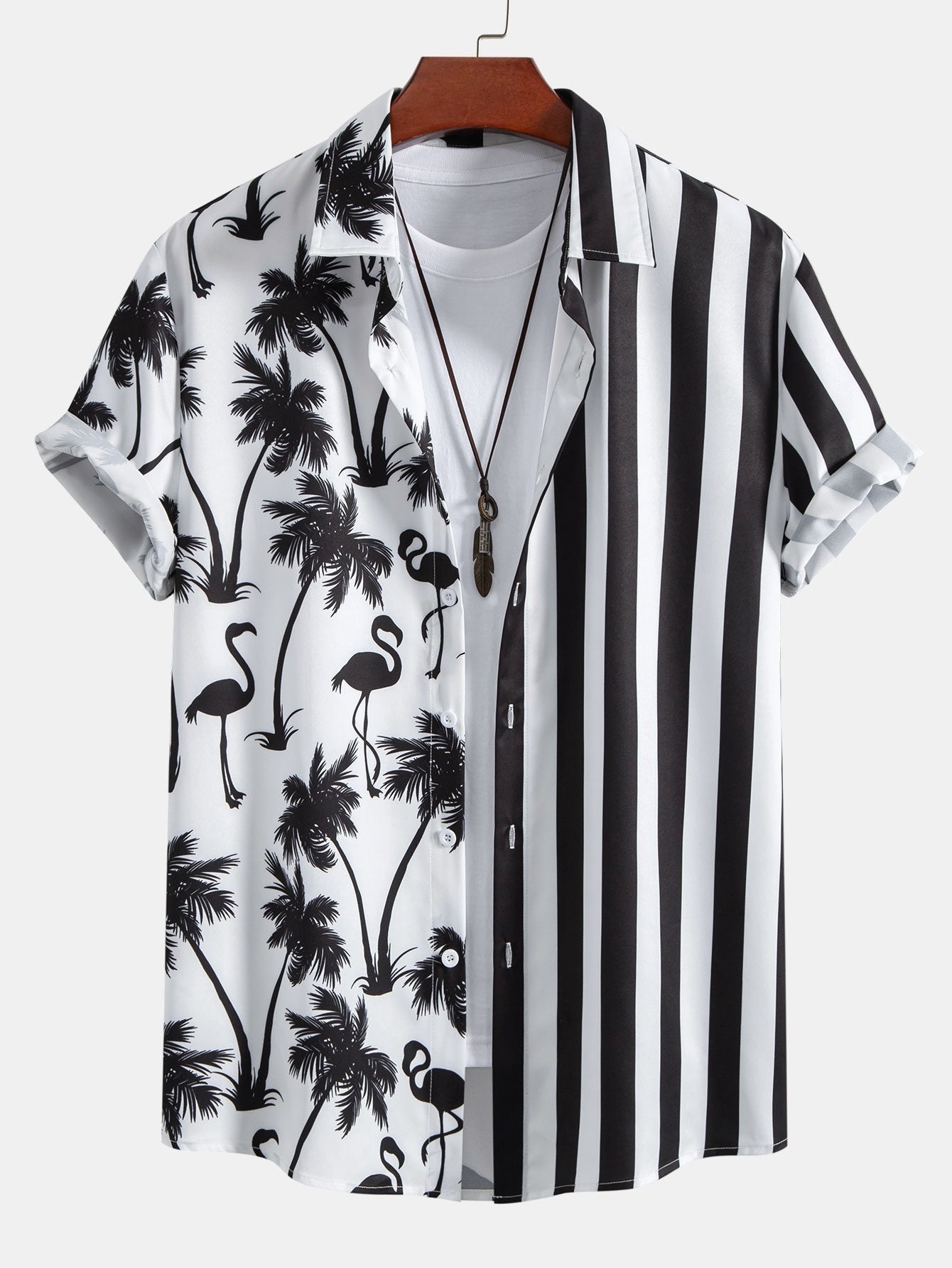 Palm Tree Flamingo Stripe Patchwork Print Button Up Shirt & Swim Shorts