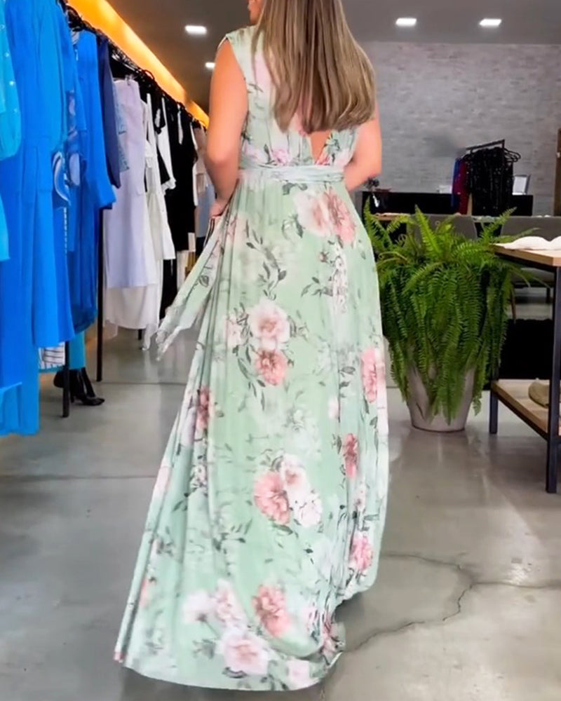 Floral print V-neck elegant sleeveless dress