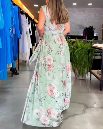 Floral print V-neck elegant sleeveless dress