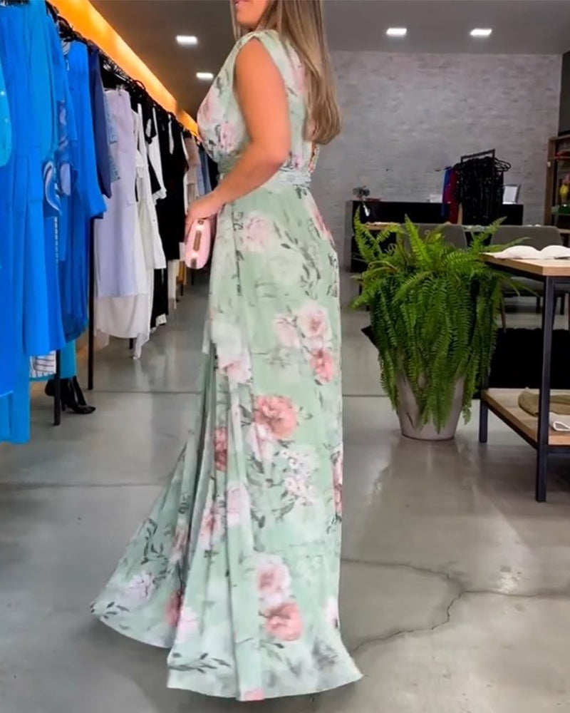 Floral print V-neck elegant sleeveless dress