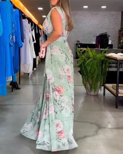 Floral print V-neck elegant sleeveless dress