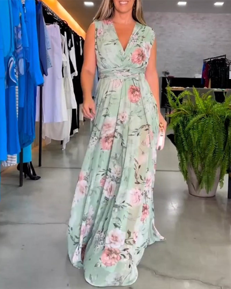 Floral print V-neck elegant sleeveless dress