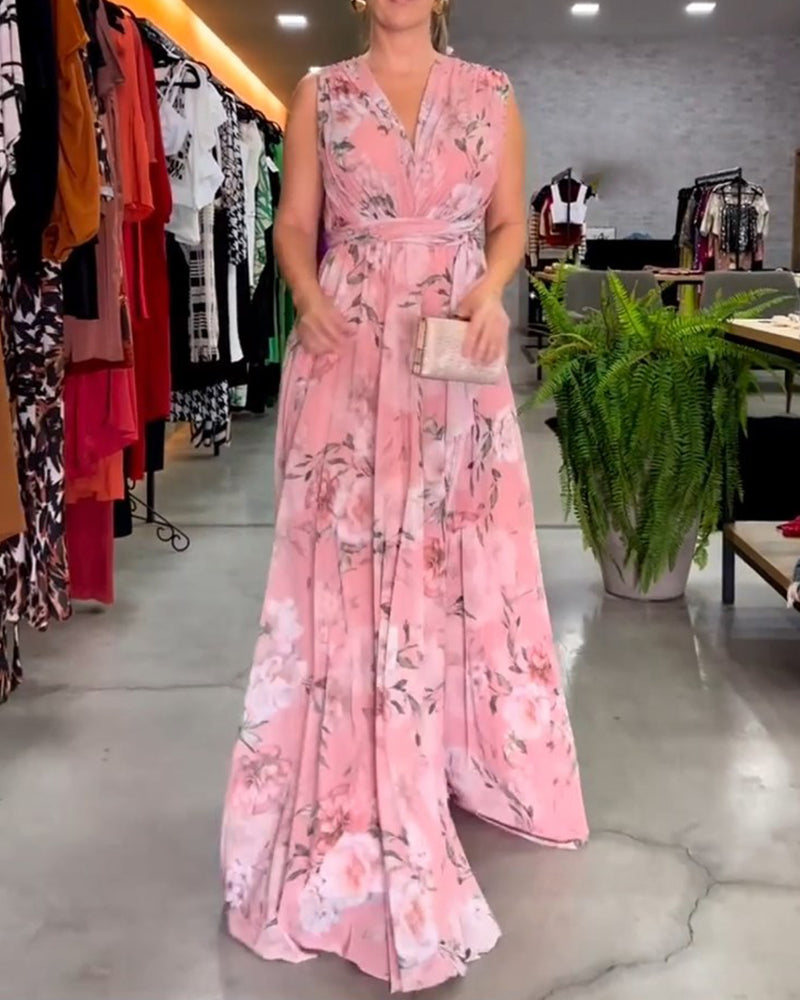 Floral print V-neck elegant sleeveless dress