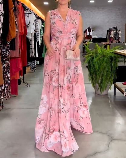 Floral print V-neck elegant sleeveless dress
