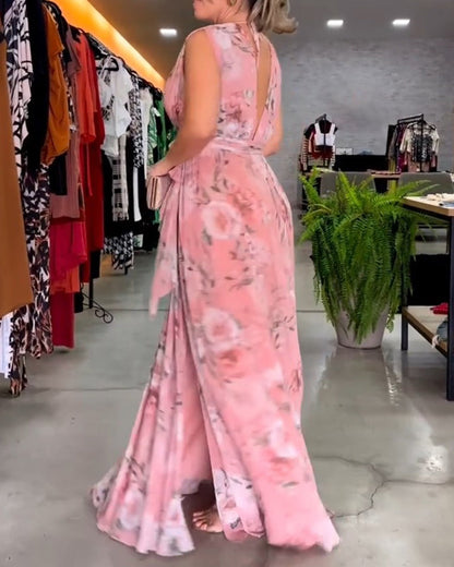 Floral print V-neck elegant sleeveless dress