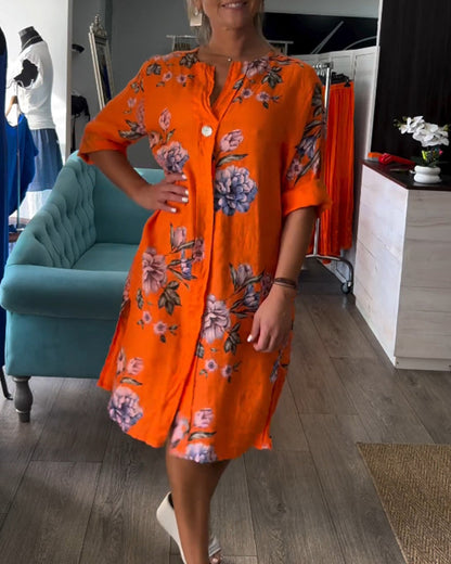 Button printed V-neck dress