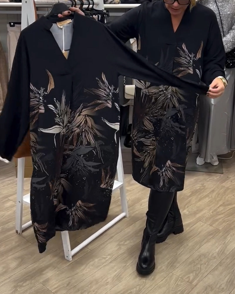 V-Neck Leaf Print Long-Sleeved Dress