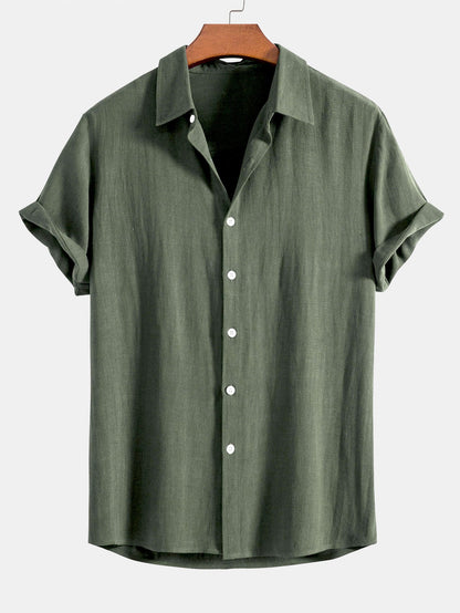 Linen Rayon Blend Button Up Shirt & Wrinkle Textured Straight Leg Pants