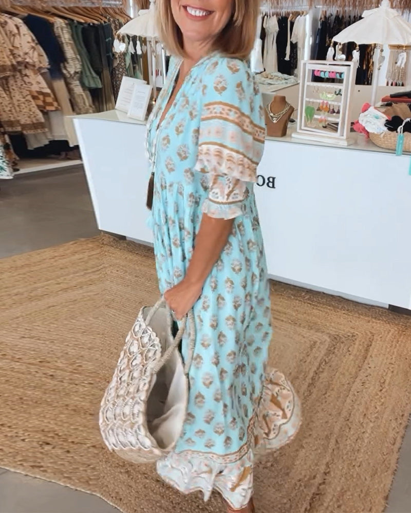 Casual printed V-neck half-sleeve dress