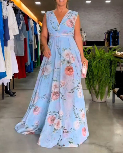 Floral print V-neck elegant sleeveless dress