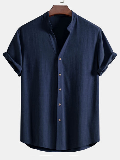 Short Sleeve V Neck Linen Rayon Blend Shirt & Wrinkle Textured Straight Leg Pants