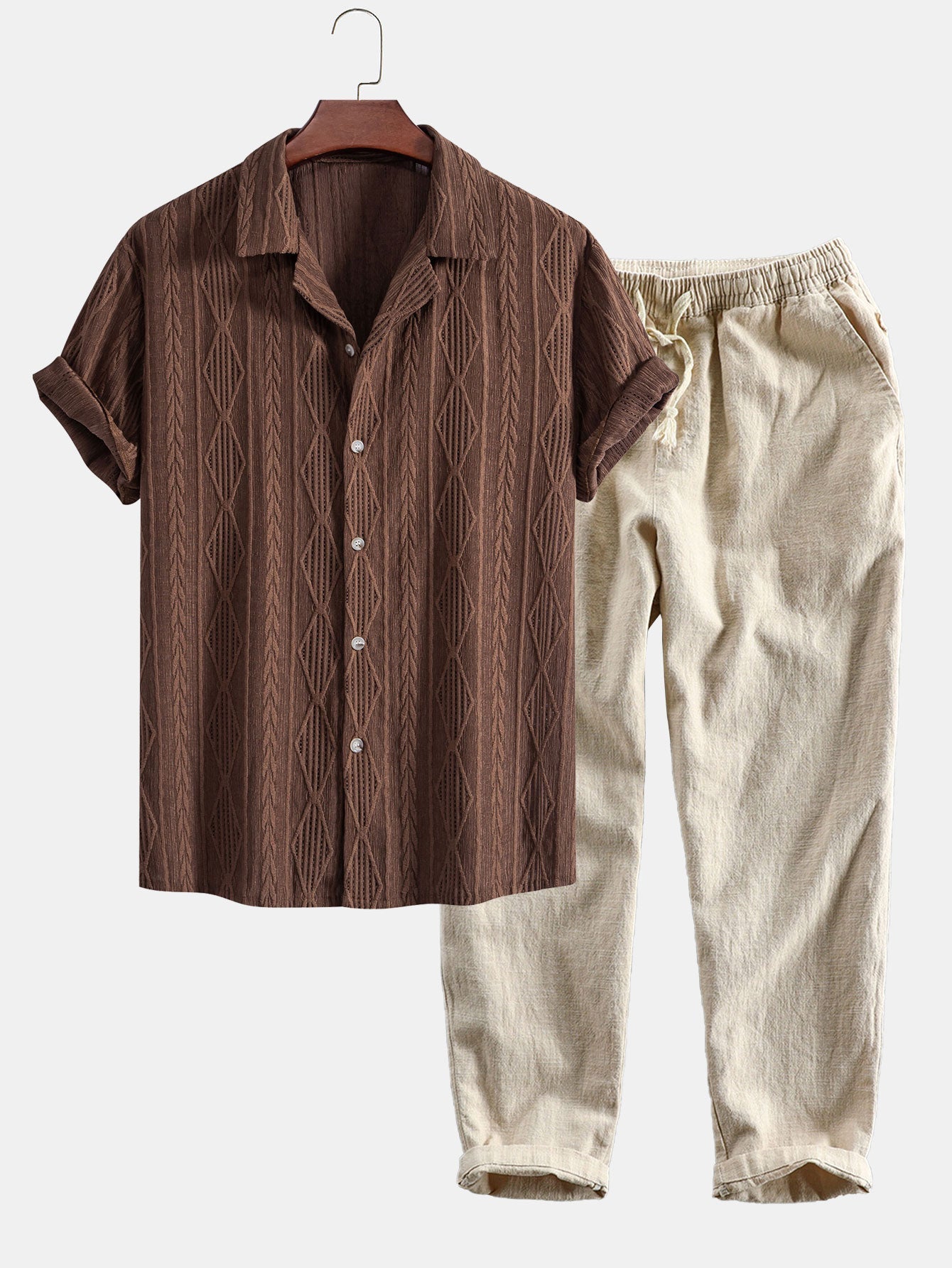 Geometric Jacquard Eyelet Cuban Shirt & Linen Cotton Blend Cropped Pants