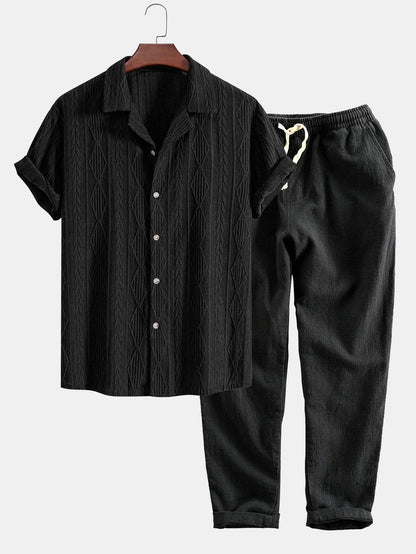 Geometric Jacquard Eyelet Cuban Shirt & Linen Cotton Blend Cropped Pants