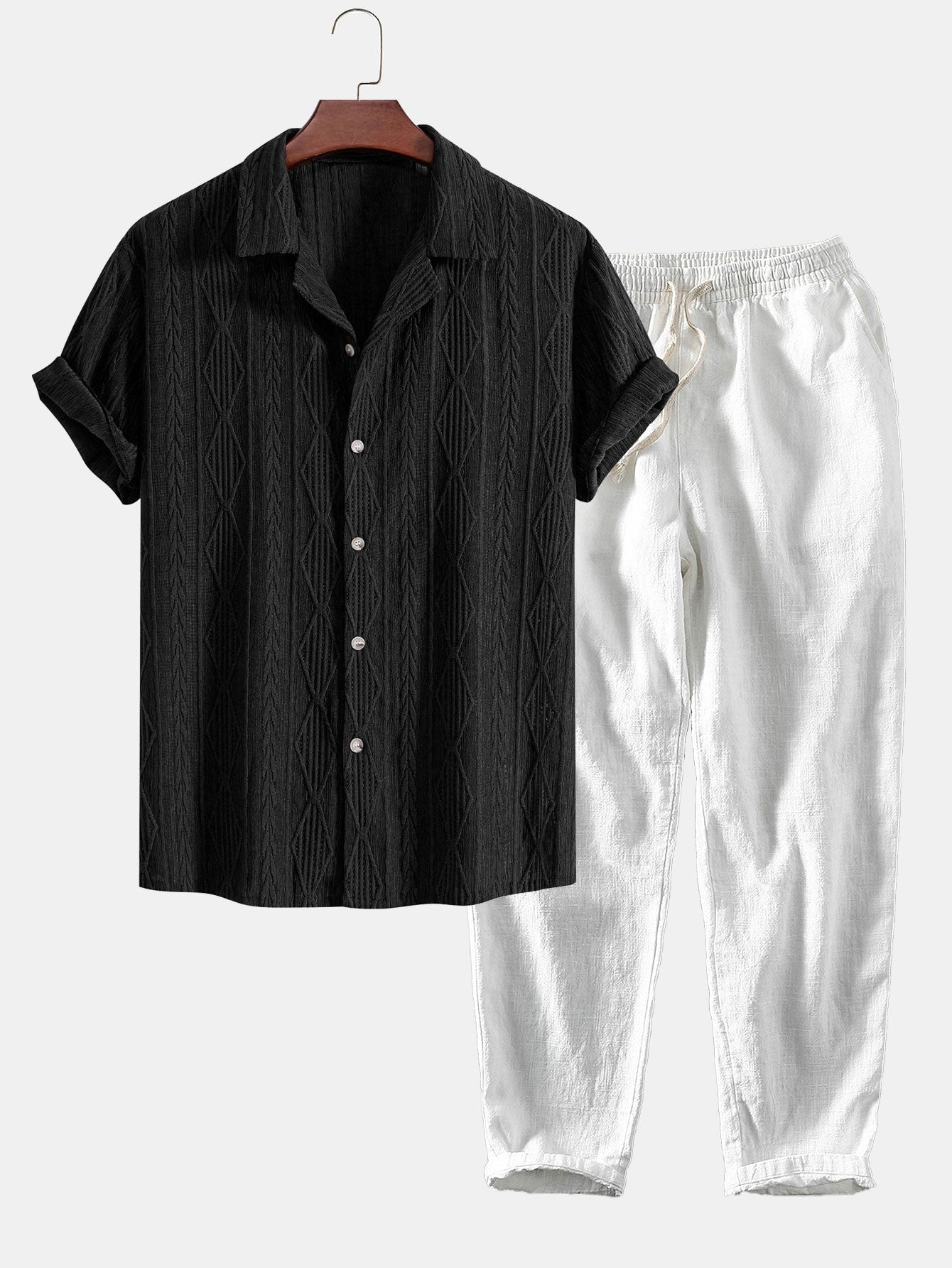 Geometric Jacquard Eyelet Cuban Shirt & Linen Cotton Blend Cropped Pants