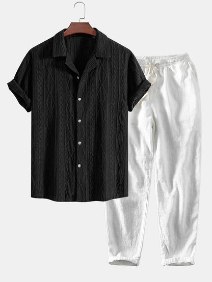Geometric Jacquard Eyelet Cuban Shirt & Linen Cotton Blend Cropped Pants