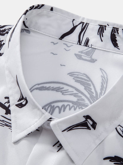 Palm Tree Island Print Button Up Shirt & Drawstring Swim Shorts