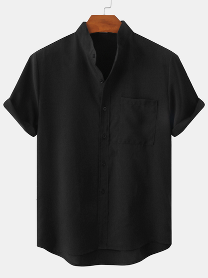 Man Stand Collar Shirt Whit Pocket