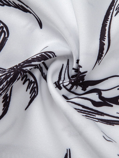 Palm Tree Island Print Button Up Shirt & Drawstring Swim Shorts