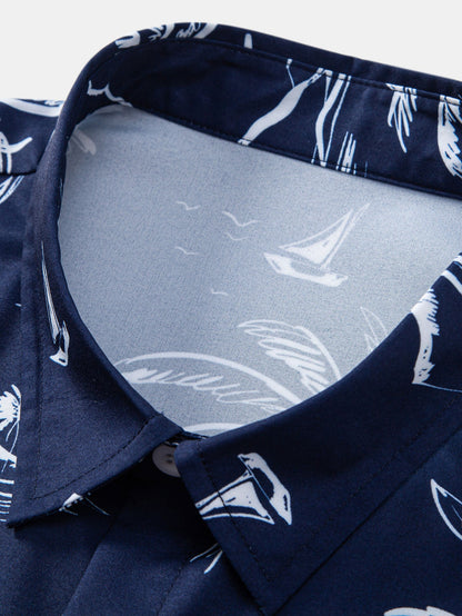 Palm Tree Island Print Button Up Shirt & Drawstring Swim Shorts