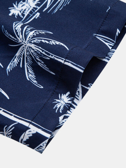 Palm Tree Island Print Button Up Shirt & Drawstring Swim Shorts