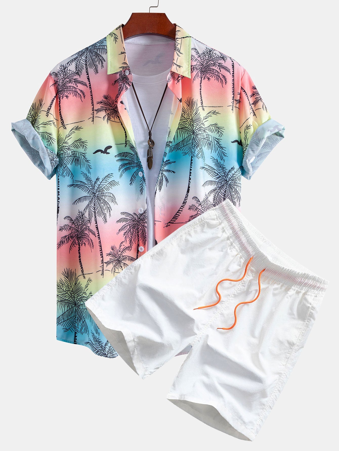 Palm Tree Seagull Print Button Up Shirt & Swim Shorts