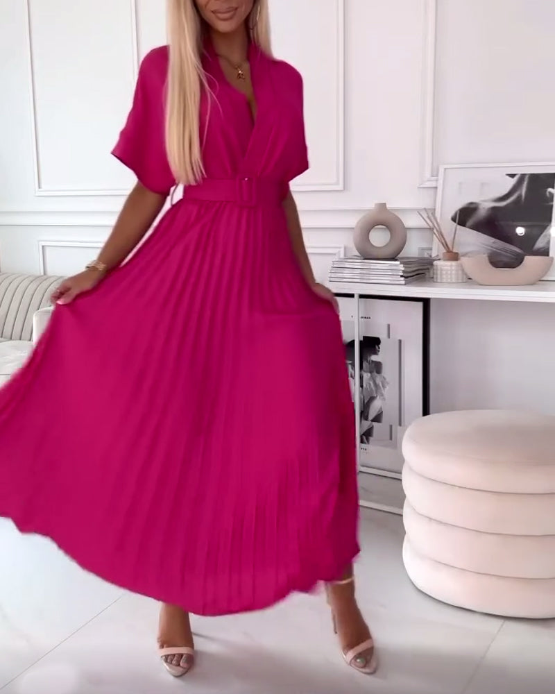 Solid color V-neck short-sleeve pleated elegant dress