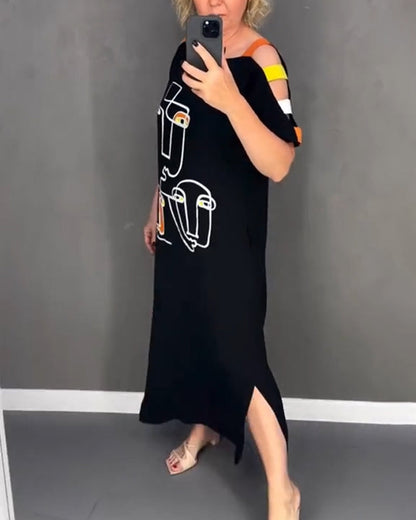Cold Shoulder Hollow Print Slit Dress
