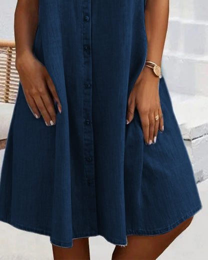 Short Sleeve Lapel Solid Button Dress