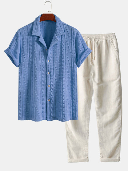 Knitted Geometric Textured Cuban Shirt & Straight Leg Linen Pants