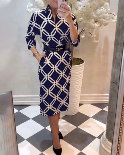 Geometric print side slit elegant dress