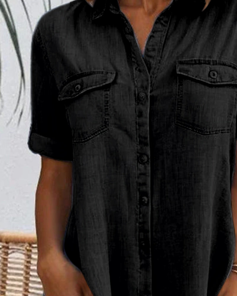 Short Sleeve Lapel Solid Button Dress
