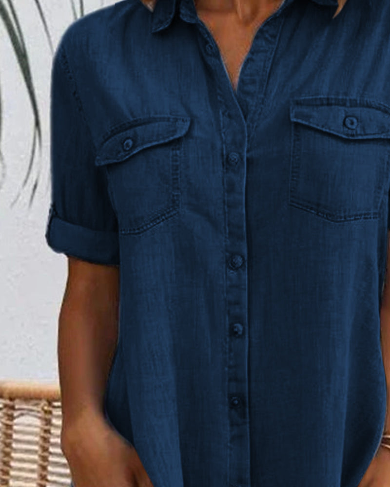 Short Sleeve Lapel Solid Button Dress