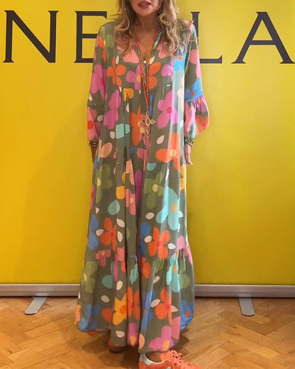 Colorful floral print bell sleeve casual dress
