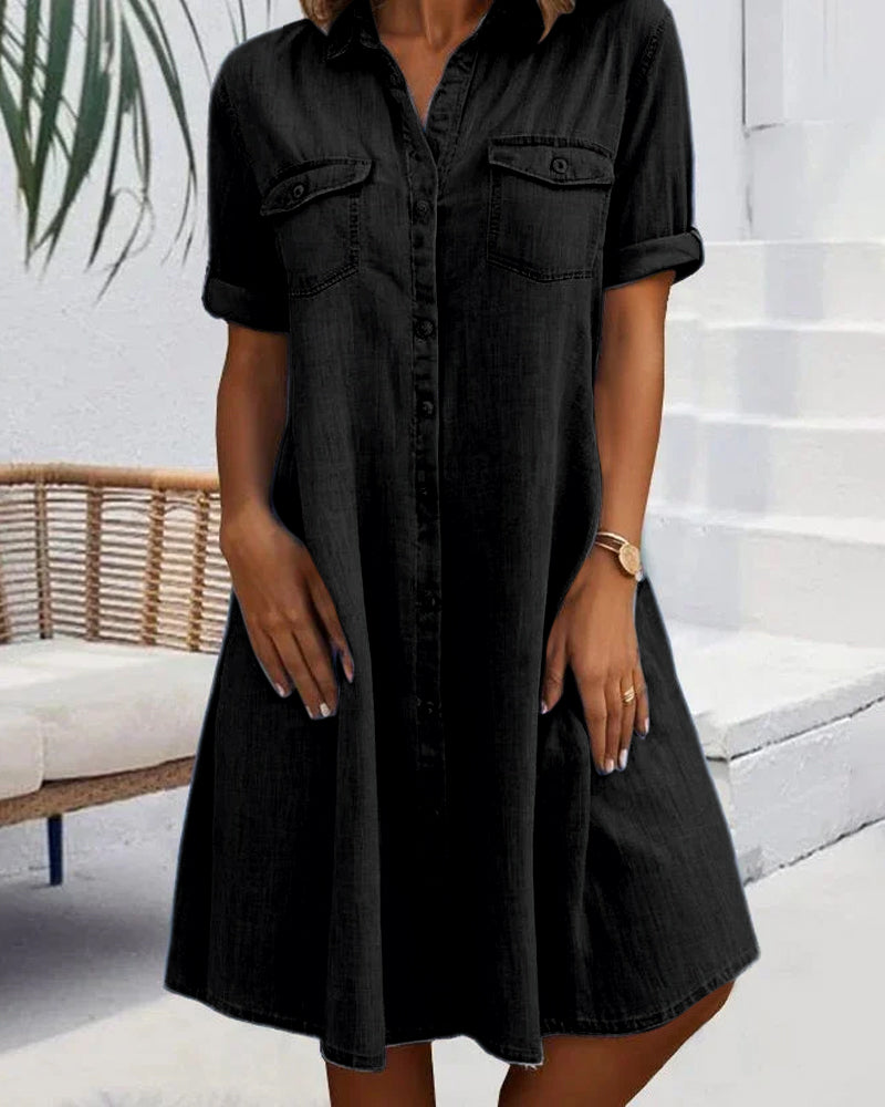 Short Sleeve Lapel Solid Button Dress