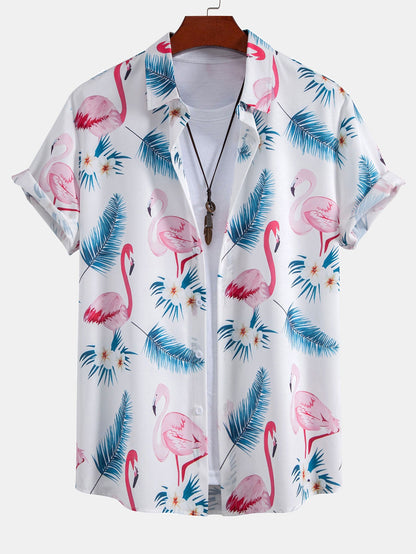 Flamingo Leaf Print Button Up Shirt & Swim Shorts