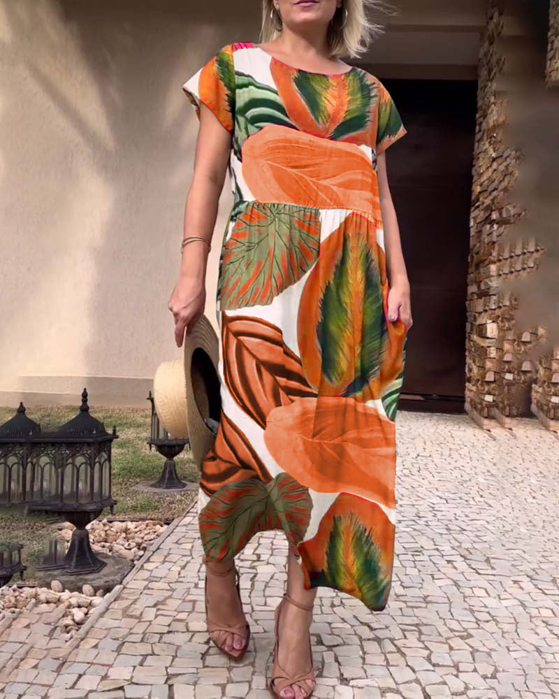Leaf print short sleeve slit dress
