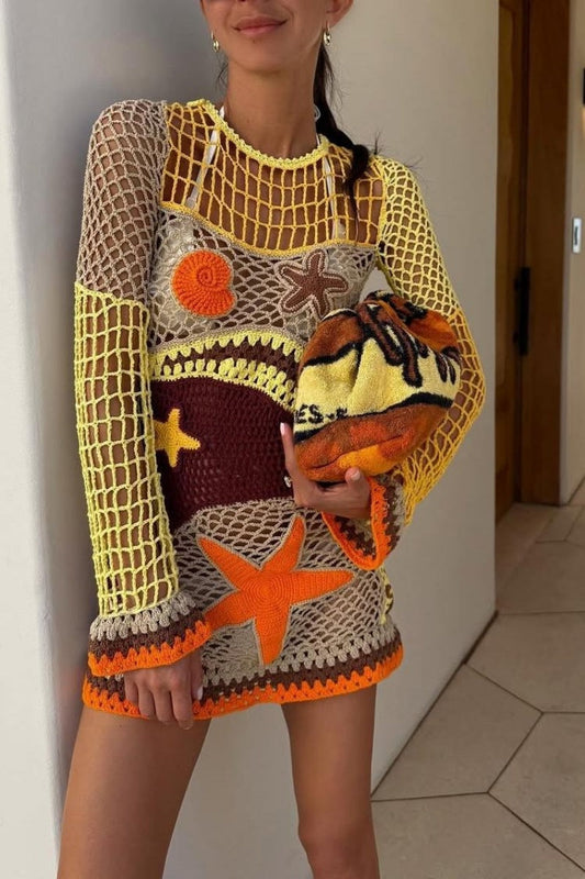 Coral Reef-Inspired Pattern Crochet Mini Dress