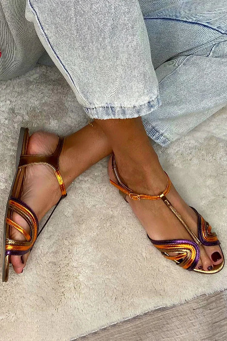 Emilia multicolour T-strap sandals detail of decorative strap