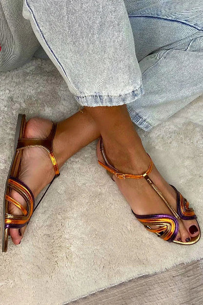 Emilia multicolour T-strap sandals detail of decorative strap