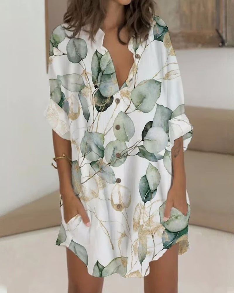 Printed button long sleeve pocket dress