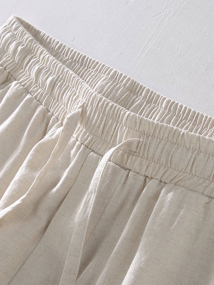 Geometric Jacquard Eyelet Cuban Shirt & Linen Drawstring Shorts