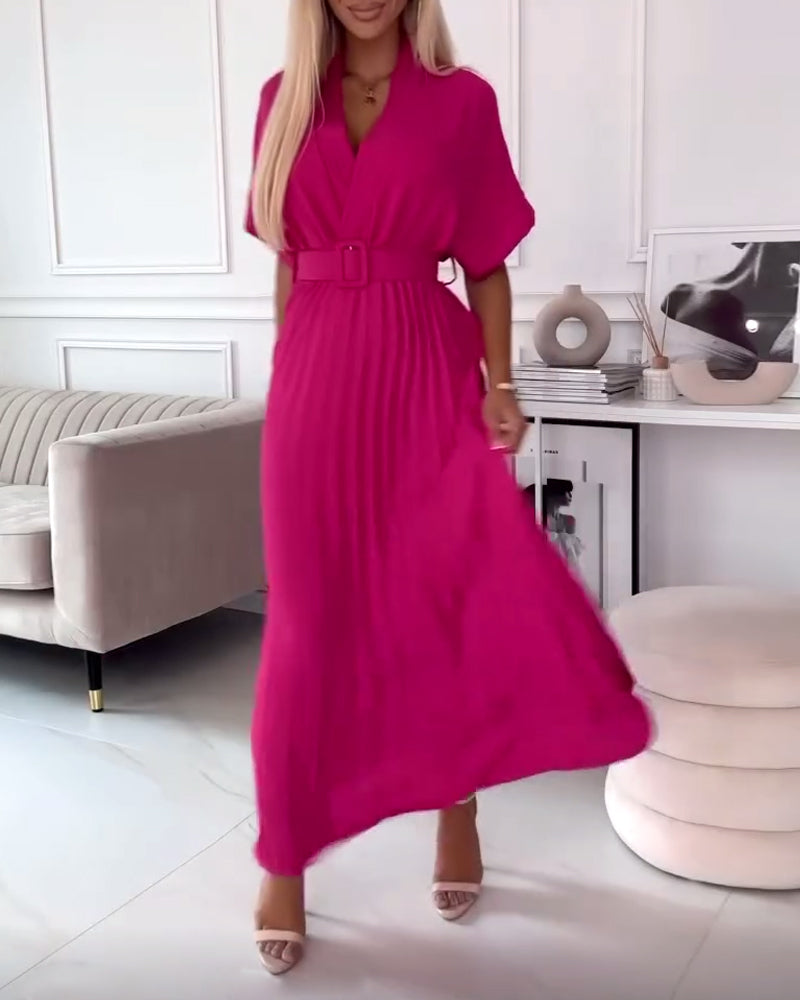 Solid color V-neck short-sleeve pleated elegant dress
