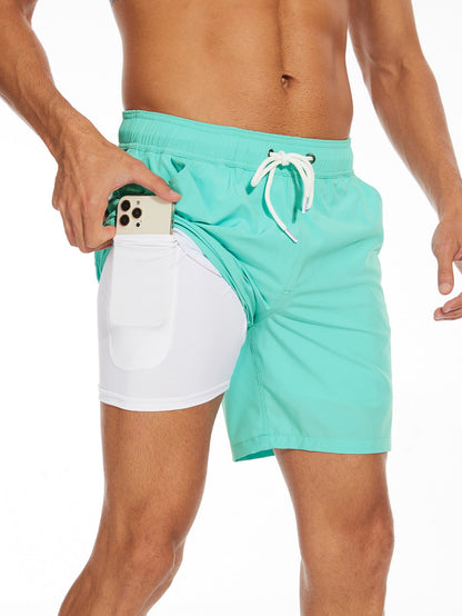 2 In 1 Solid Color Drawstring Swim Shorts