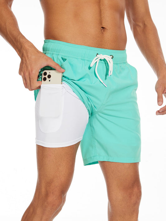 2 In 1 Solid Color Drawstring Swim Shorts