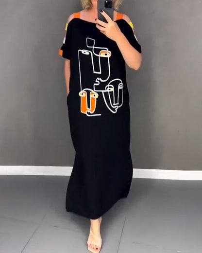 Cold Shoulder Hollow Print Slit Dress