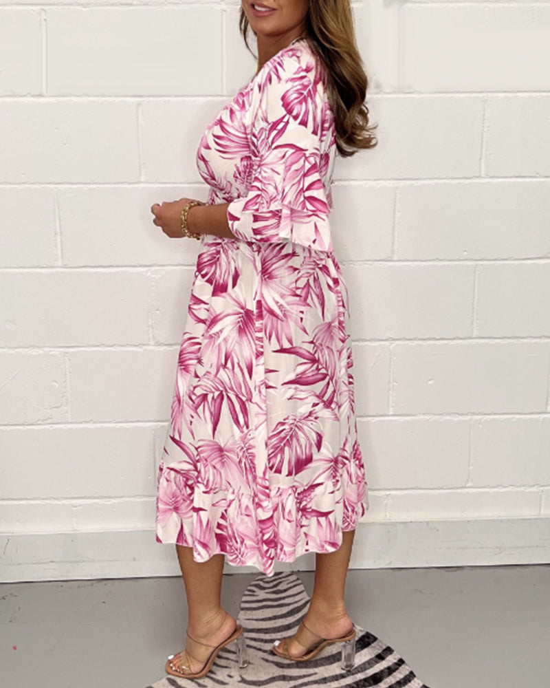 V neck leaves print dress